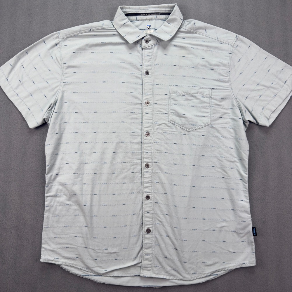 Kuhl Mens Tapered Fit Short Sleeve Button Down Shirt Large Blue Dash Pattern